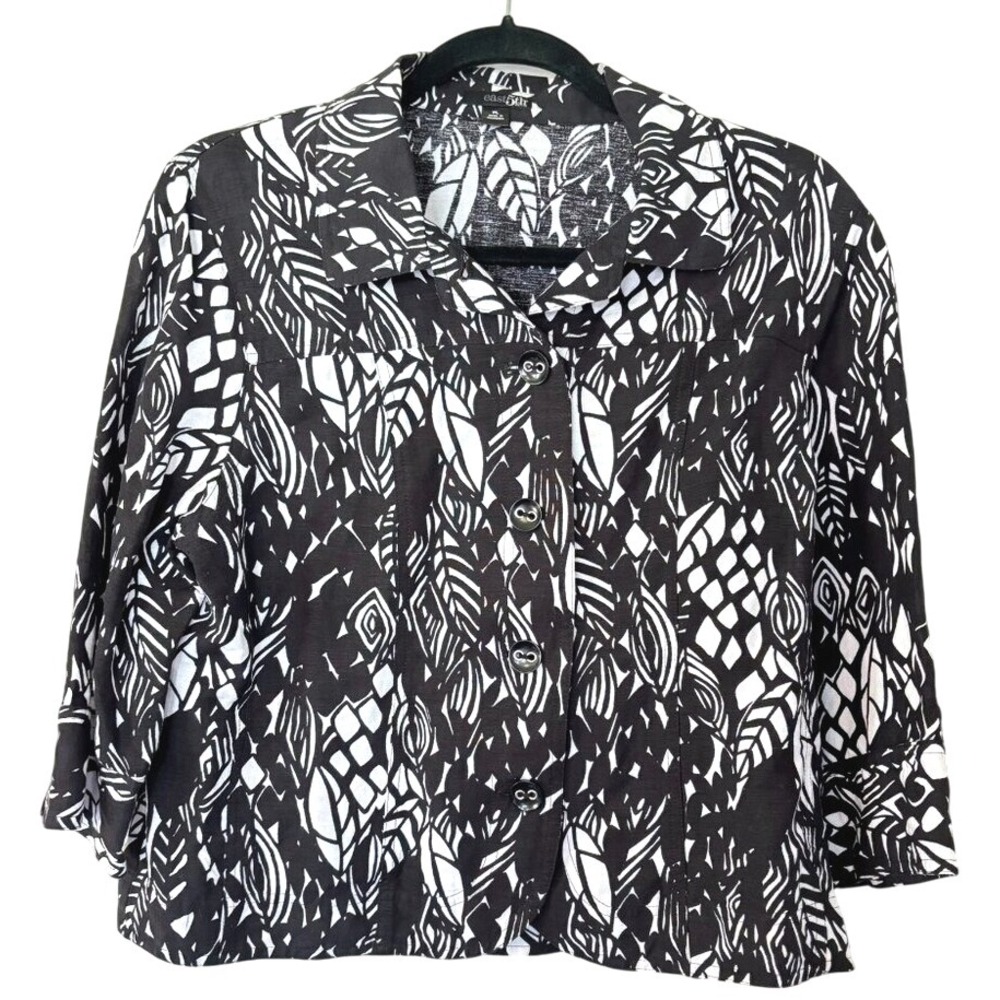 East 5th Jacket Women's Size Petite Large Black & White Print Linen Rayon Blend